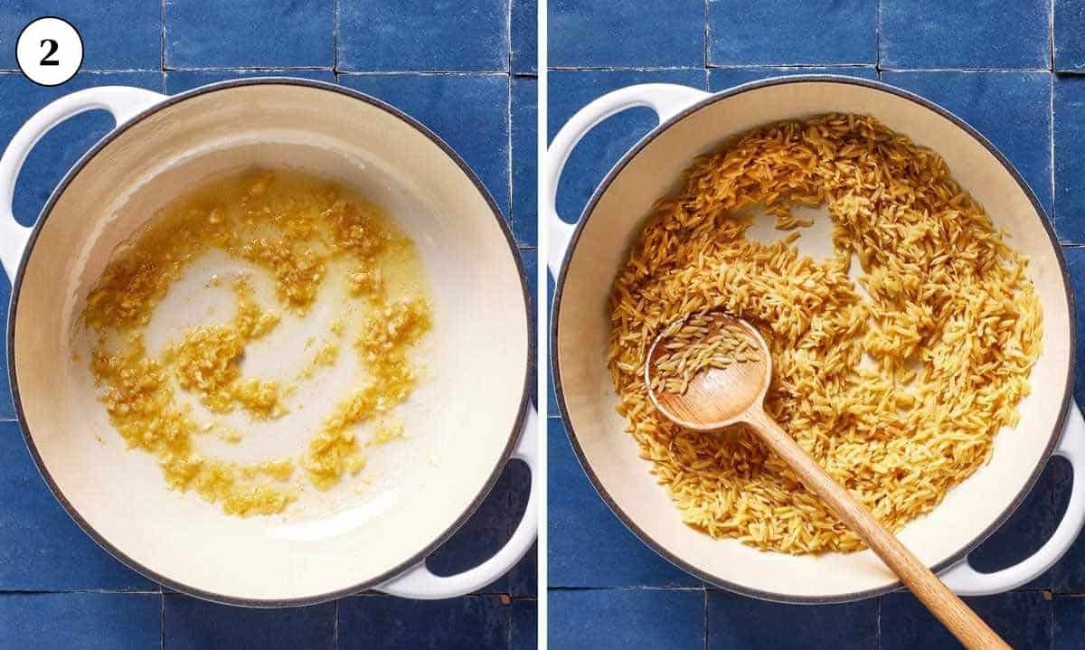Steps showing how to sautee orzo with oil.