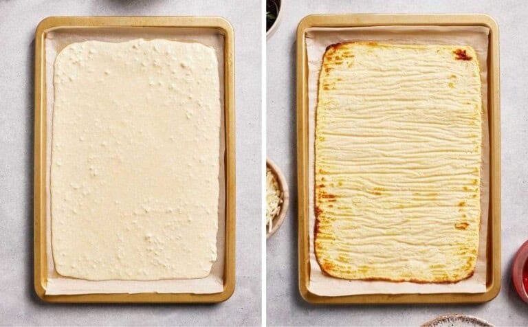 The batter spread on a sheet pan before and after it is baked.