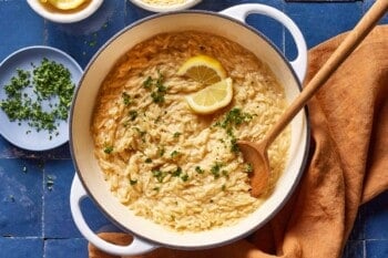 Cooked lemon parmesan orzo in a pot from the top view.