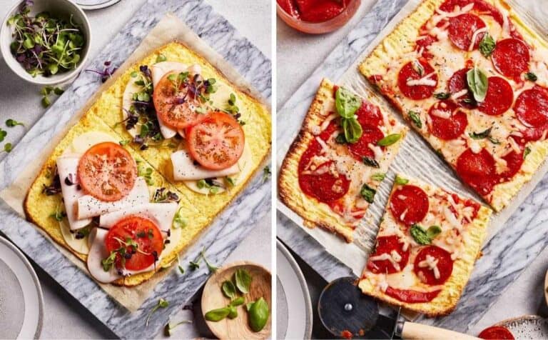 A collage of images showing how to use cottage cheese flatbread as a sandwich wrap and pizza base.