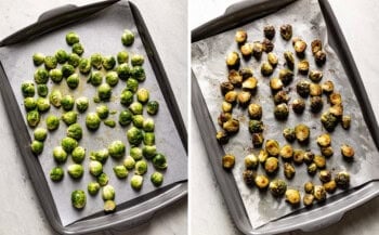 Brussel sprouts before and after they are roasted.