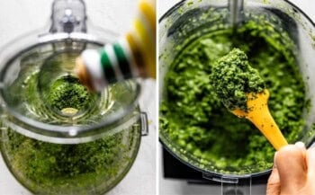 Person drizzling the sauce with oil and showing texture.