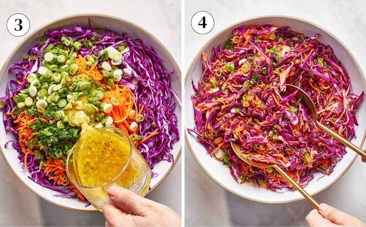 Pouring lemon vinegar dressing over red cabbage slaw, and the massaged slaw tossed with serving spoons.