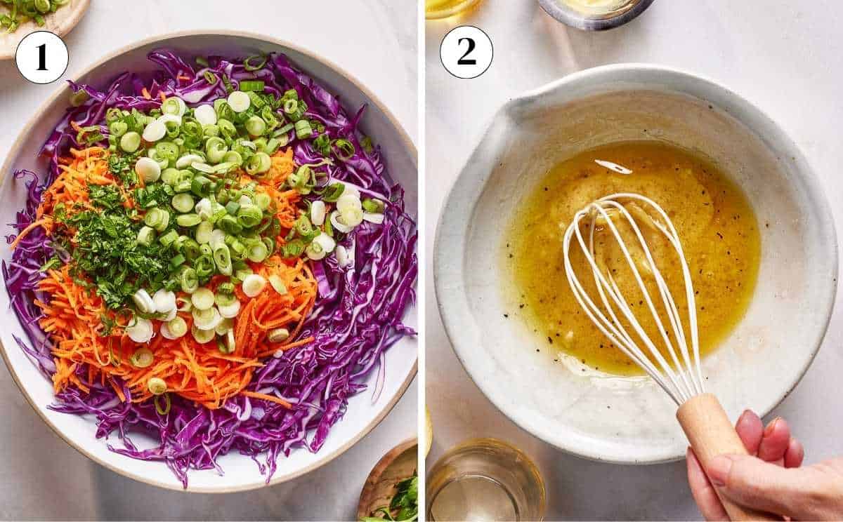 Sliced red cabbage with carrot, scallions, and herbs in a bowl, beside a hand whisking the no-mayo dressing.