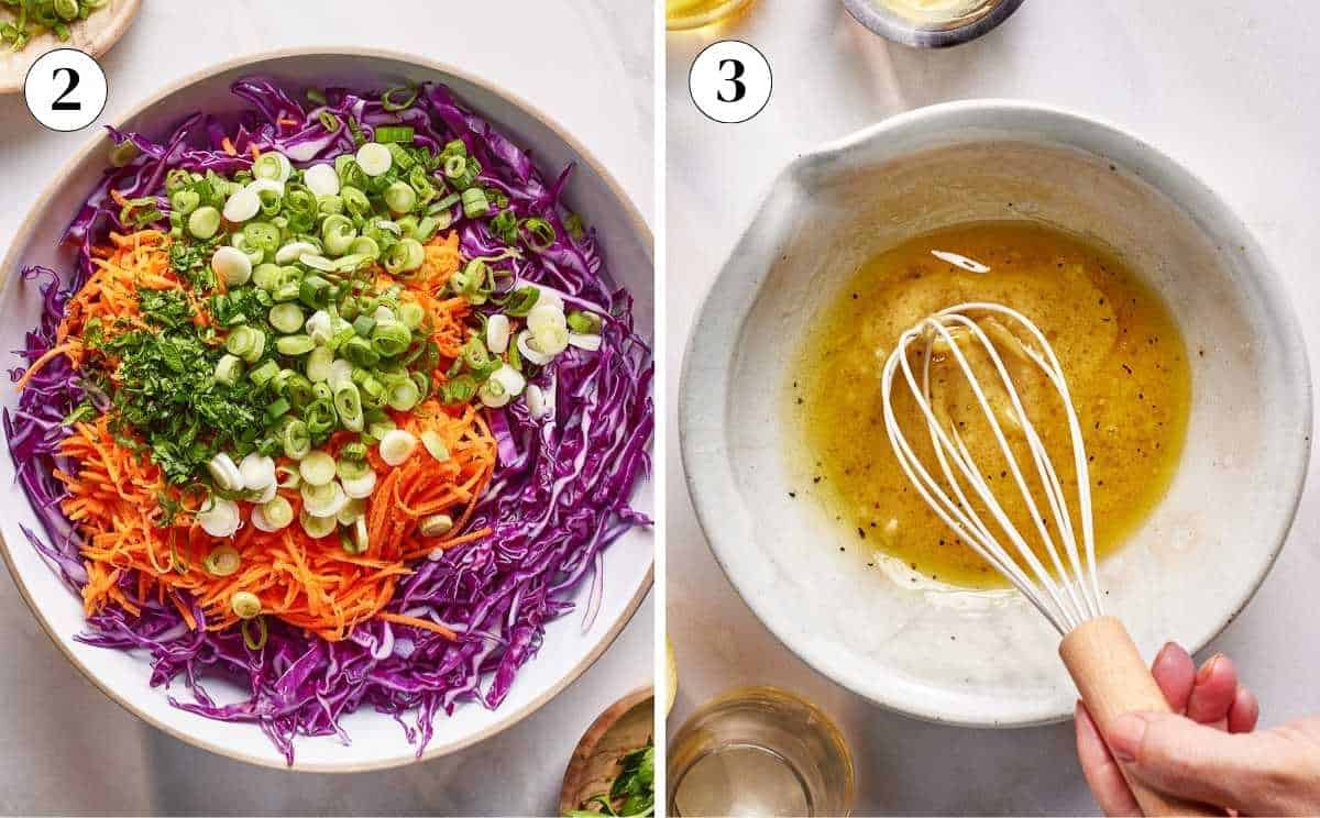 Steps showing how to make coleslaw with red cabbage.