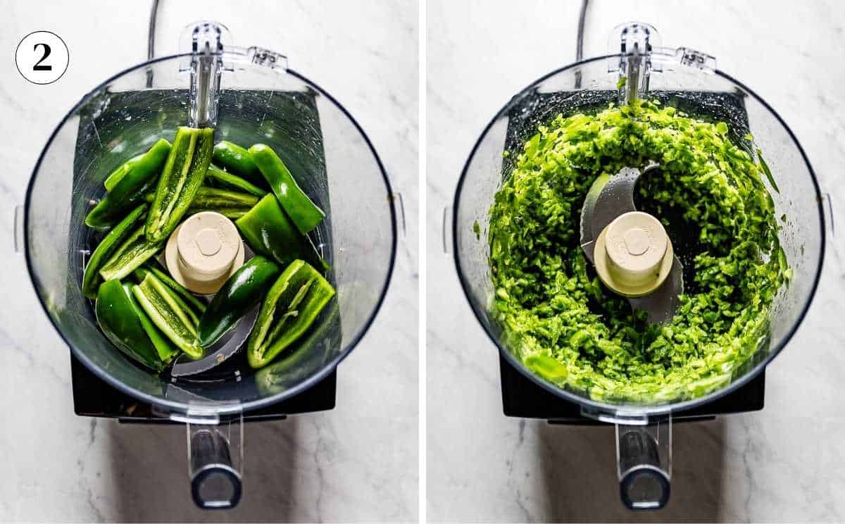 A collage of images showing the peppers in a food processor before and after they are processed.