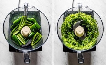 A collage of images showing the processing of the peppers.