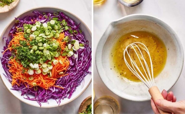 Cabbage slaw made with red cabbage preparation photos.