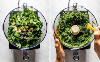 A collage of photos showing the sauce being made and a person scraping the side of the food processor.