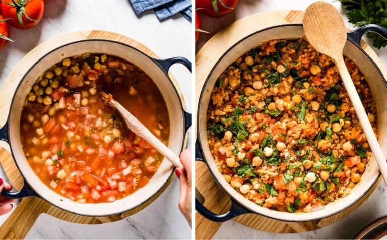 Bulgur pilaf before and after it is cooked.