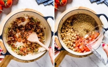 Person showing how to saute veggies to make bulgur wheat pilaf.
