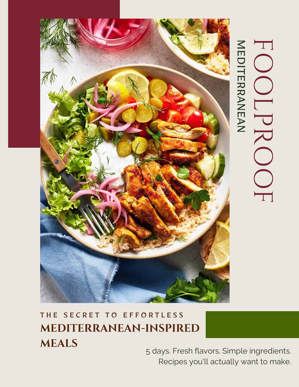 A photo of a chicken bowl with text on the image.