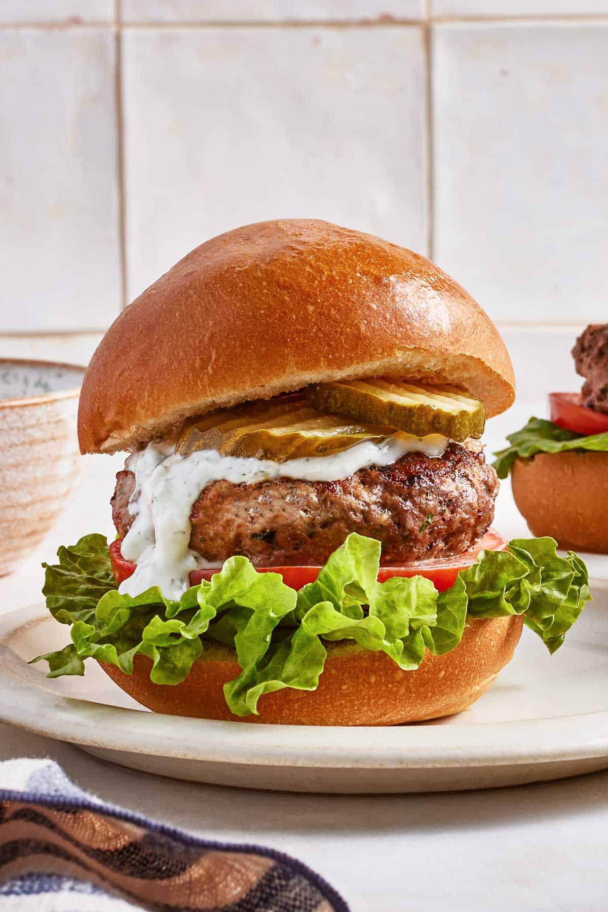 A lamb burger from the front view.