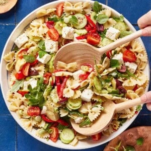 Mediterranean cold pasta salad in a bowl from the top view.