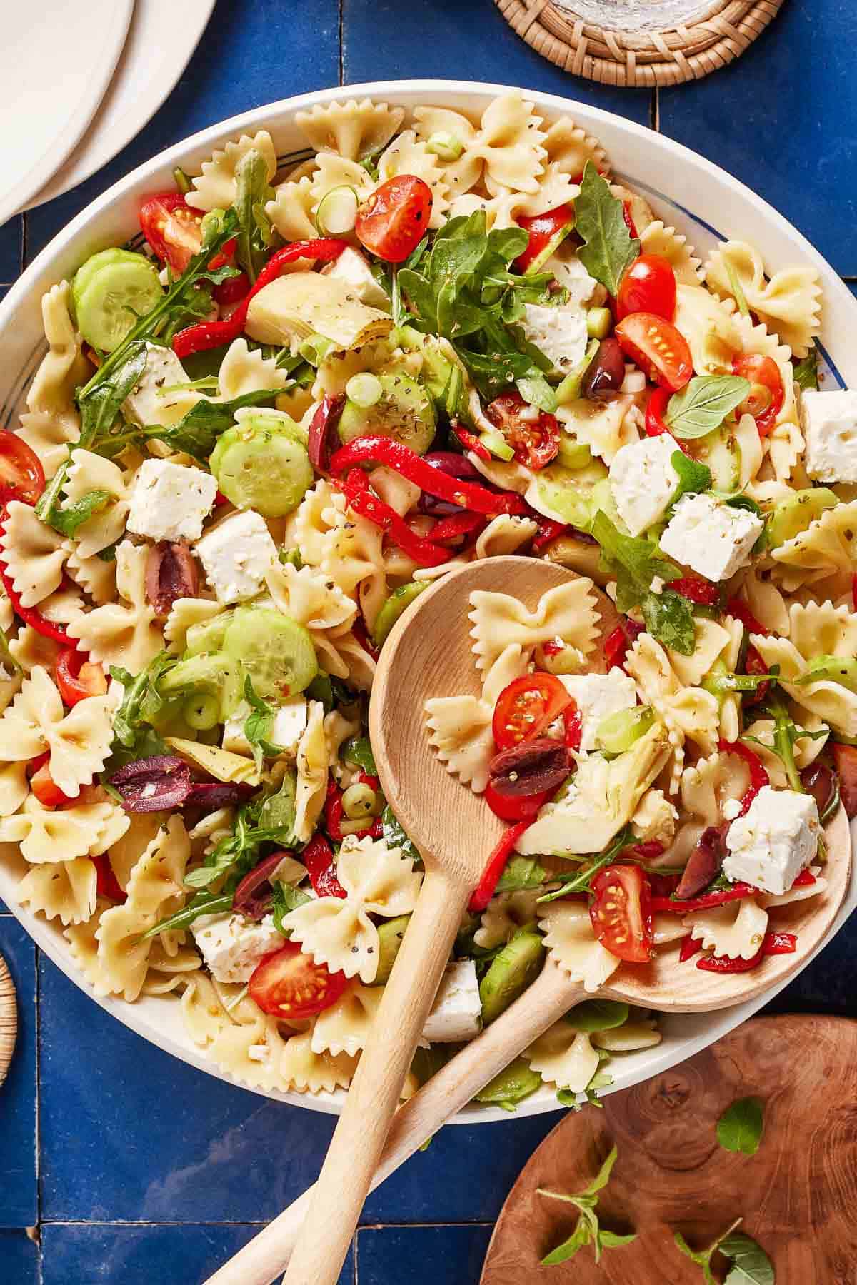 Mediterranean pasta salad in a bowl from the top view.
