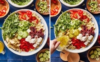 Images showing how to assemble the Mediterranean macaroni salad.