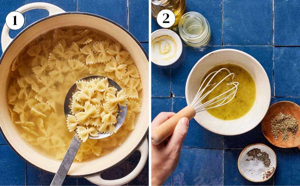 A collage of images showing cooked pasta and making of the pasta salad dressing.