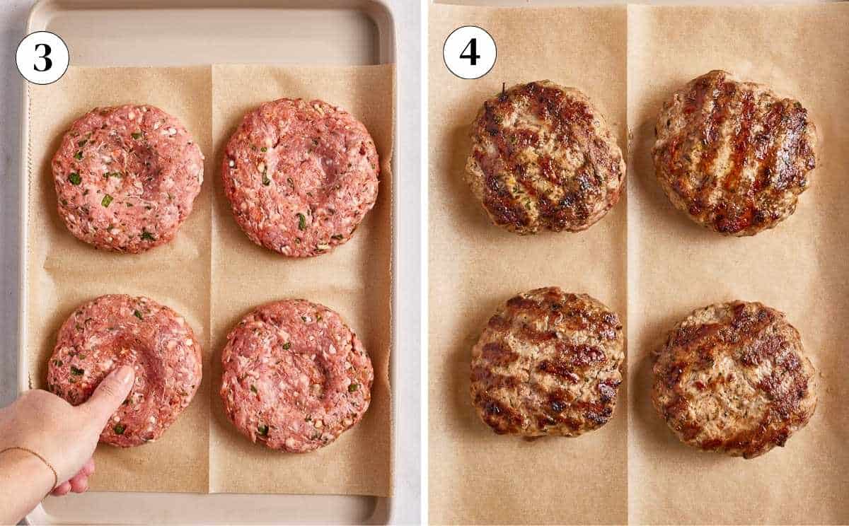 A collage of images showing the lamb patties before and after they are cooked.
