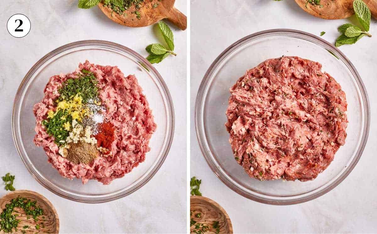 A collage of photos showing how to make the lamb mixture.