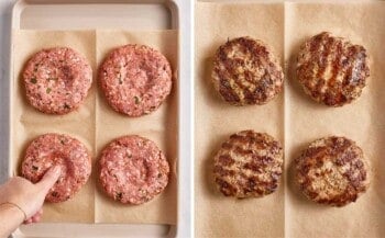 Lamb patties being shaped and grilled.