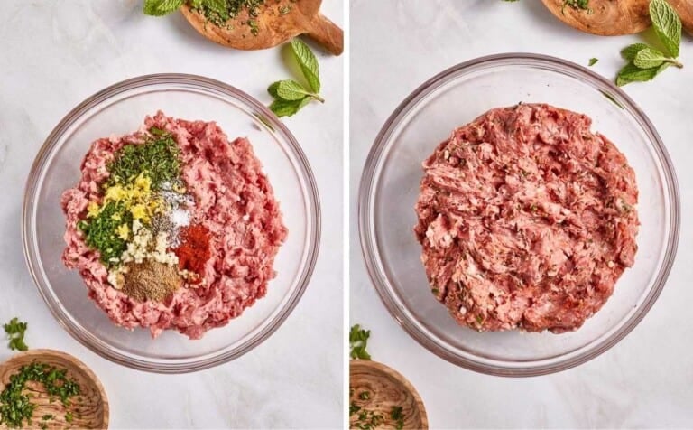 Lamb mixture before and after it is mixed.