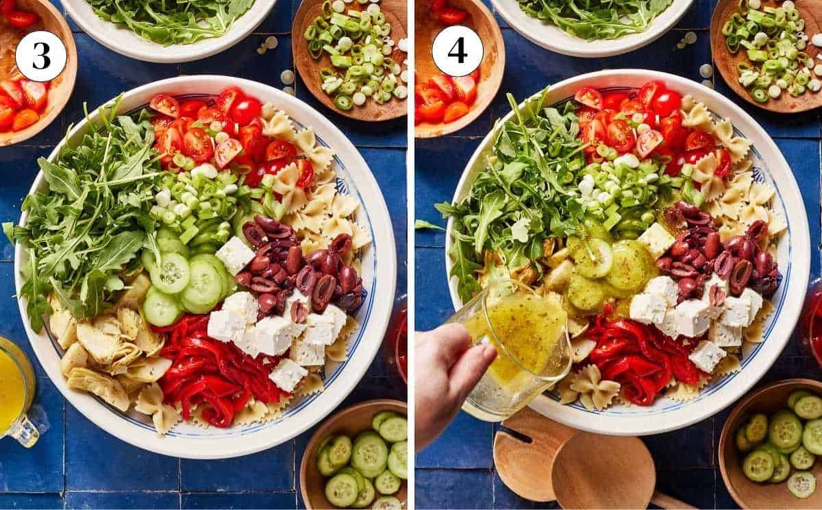 Photos showing how to assemble the Mediterranean noodle salad.