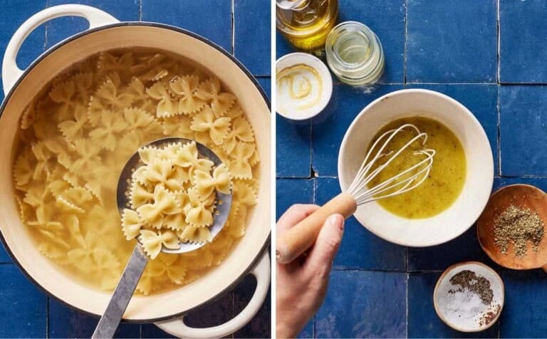 A collage of images showing the cooked pasta and salad dressing for the recipe.