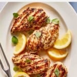 Greek inspired grilled chicken on a plate.