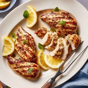 Mediterranean marinated chicken on a plate.