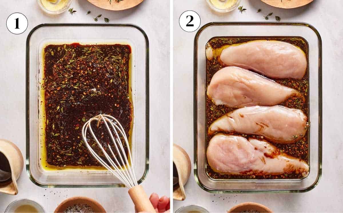 A collage of images showing how to make balsamic marinade for chicken.