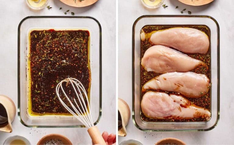 A collage of images showing how to make balsamic chicken marinade.