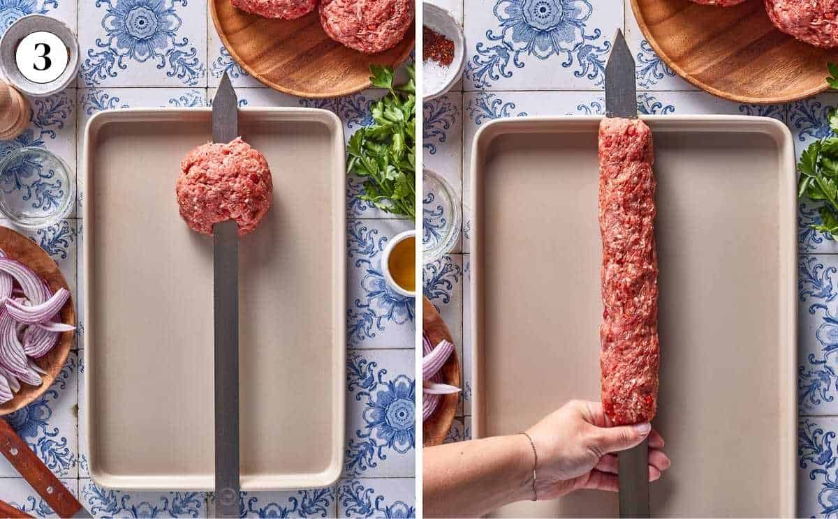 The meat is being threaded onto the skewer.