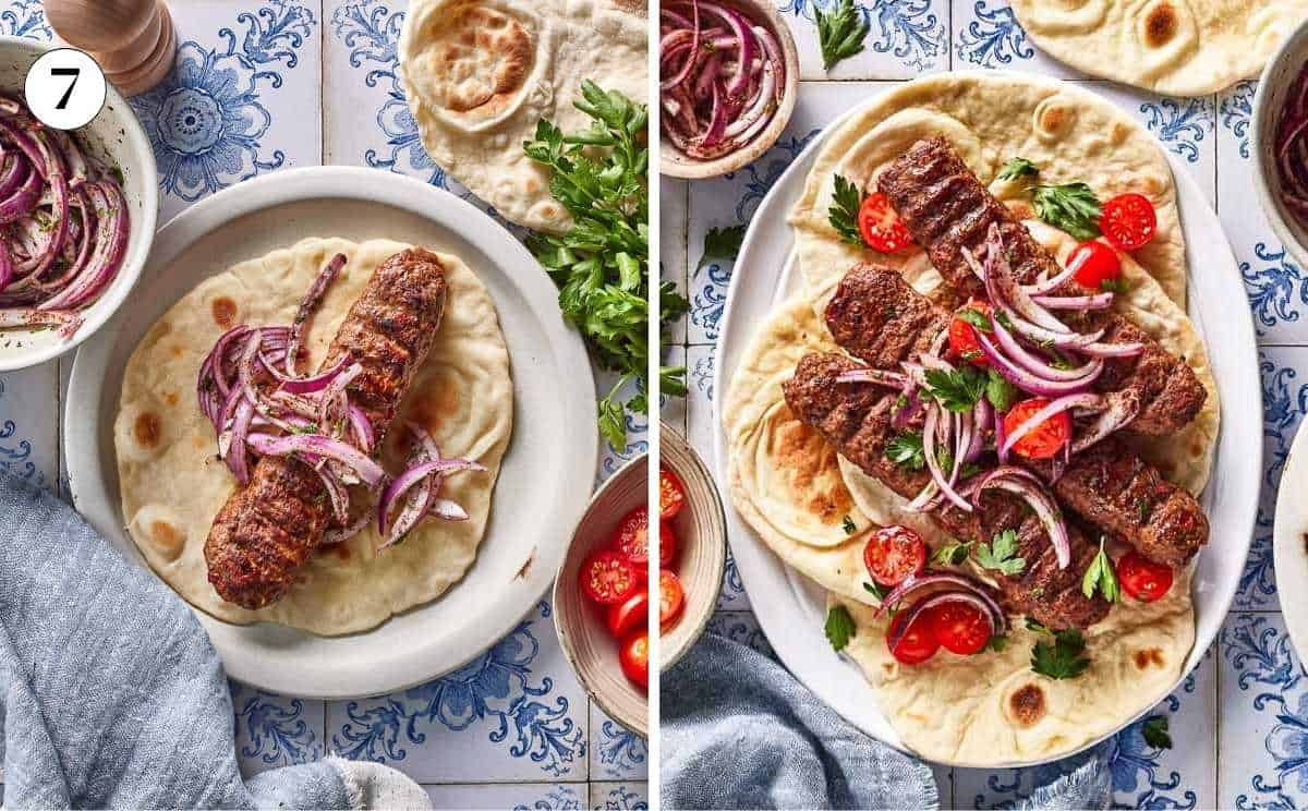 Adana wrap being assembled and placed on a plate from the top view.