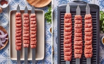 Adana kebab on skewers ready to grill.