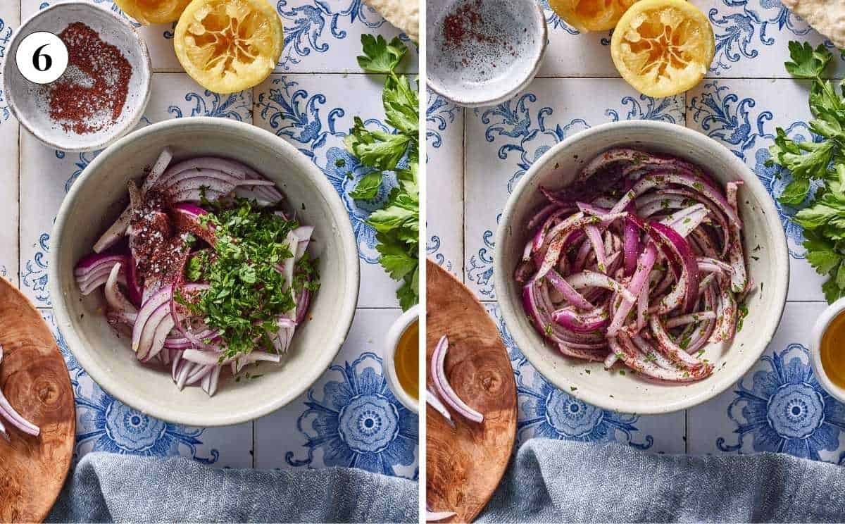 Sumac onions before and after they are mixed.