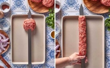 A person is threading the meat onto the skewer.