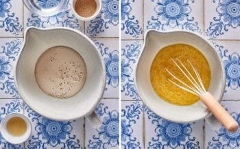 The yeast activated and mixed with olive oil in a bowl.