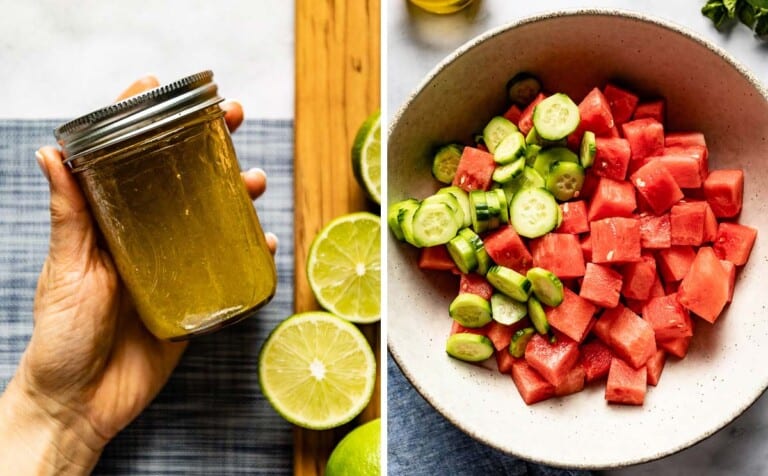 Watermelon salad dressing and the ingredients in a bowl.