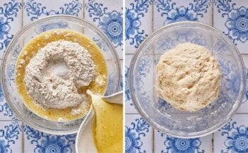 Dry ingredients are being mixed with the wet to make lavash dough.