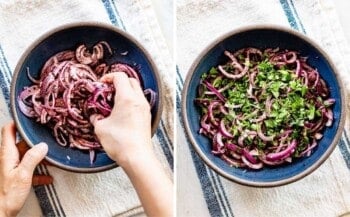 A collage of images showing sumac onions massaged and then garnished with parsley.