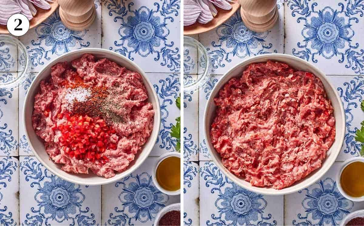 Meat mixture in a bowl from the top view.