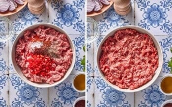 Ground lamb mixed with red peppers and spices in a bowl.