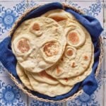 Lavash bread in a basket from the top view.