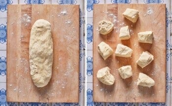The dough is cut into smaller pieces.