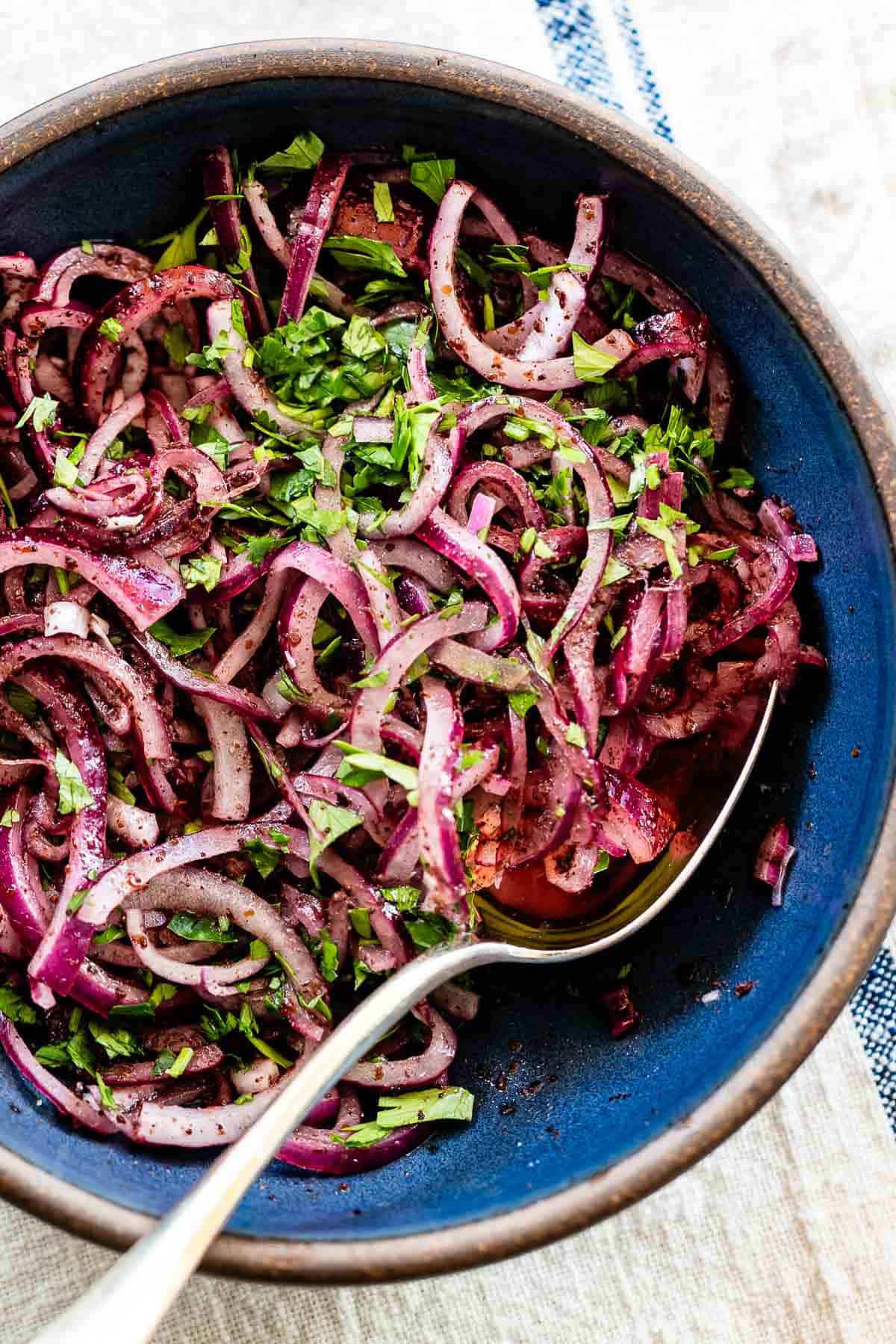 Zoomed in photo of sumac onions in a bowl.