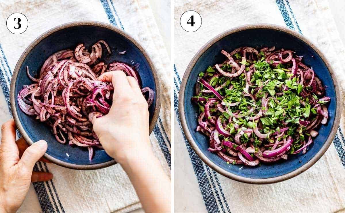 A collage of images showing thinly sliced red onions being massaged and garnished with parsley.
