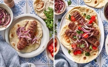 Adana kebab served on lavash with sumac onions on top.