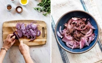 Two images side by side showing onions being thinly sliced and onions in a bowl garnished with sumac.