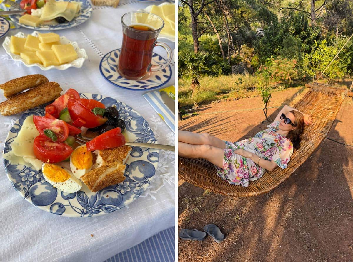 Aysegul in a hamack and breakfast.