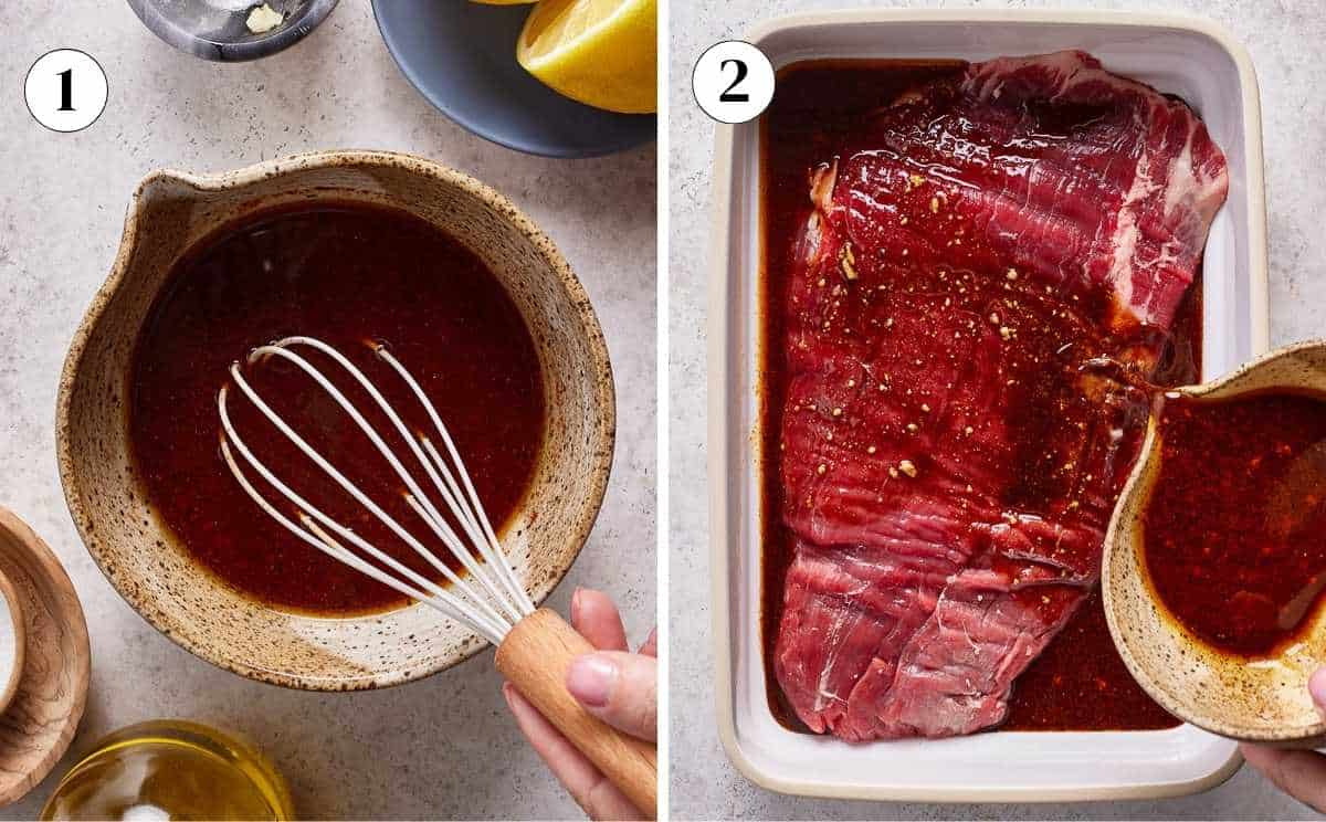 Flank steak marinade in a bowl and being poured over the meat.